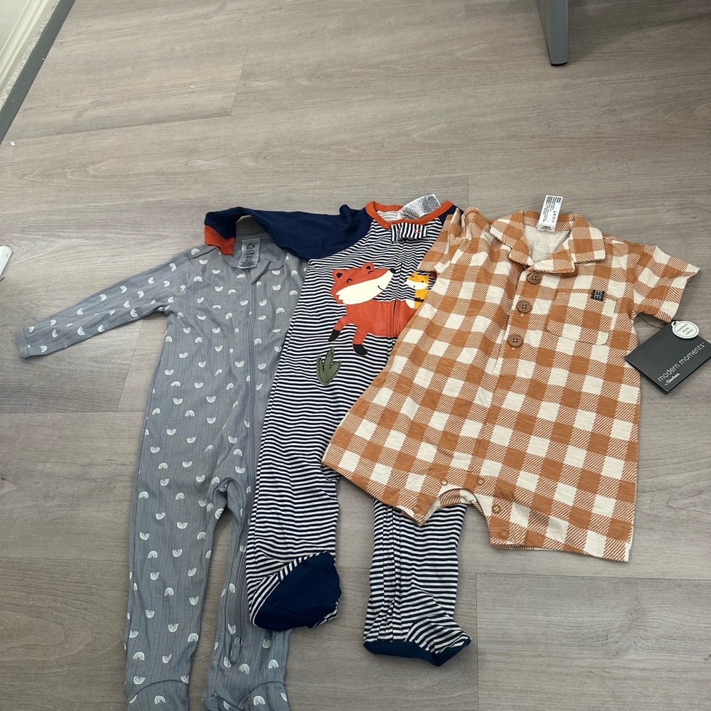 Gerber Blue Striped Fox and Brown Checkered One Piece Set